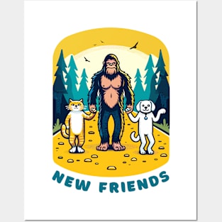 Big Foot Sasquatch becomes friends with a cat and a dog, funny t-shirt for lovers of cats, dogs and the outdoors. Posters and Art